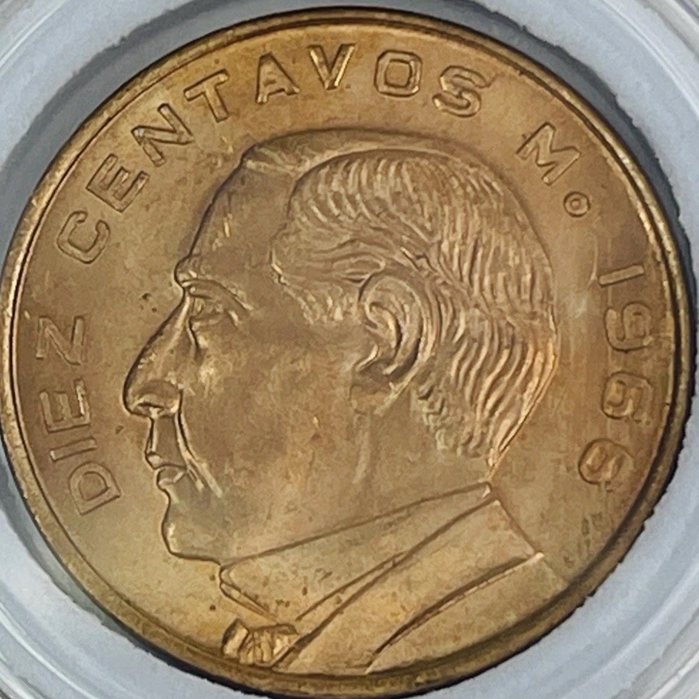 1966 Mo‎ Mexico 10 Centavos Coin Bronze Benito Juarez National Emblem